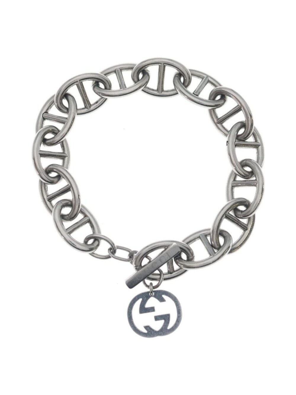 Gucci GG Logo Charm Anchor Chain Bracelet Silver